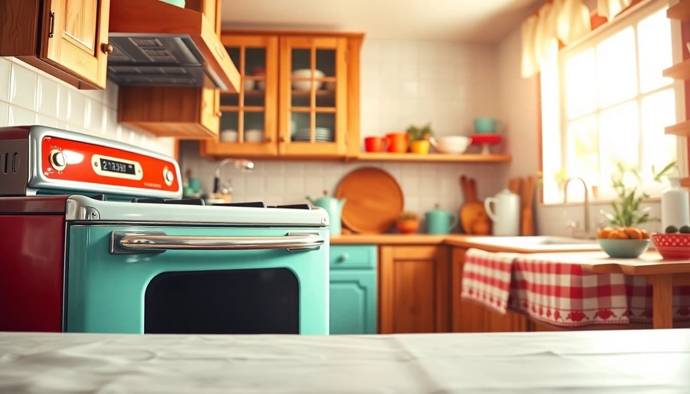 Retro Oven stands proudly in a cozy kitchen, surrounded by vibrant colors and warm light.