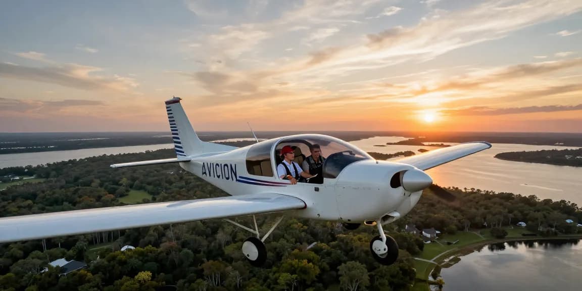 Student pilot enjoying a discovery flight at Savannah Aviation, exploring private pilot license near me opportunities in scenic landscapes.