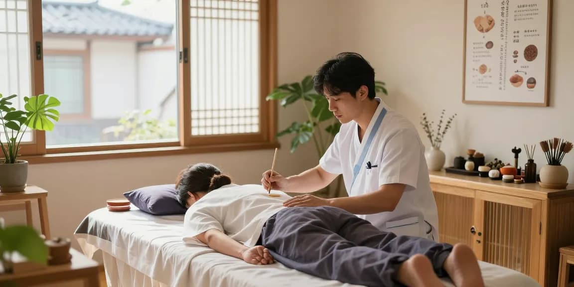 Consultation scene at 수원한의원 showcasing traditional Korean medicine techniques in a calming clinic environment.