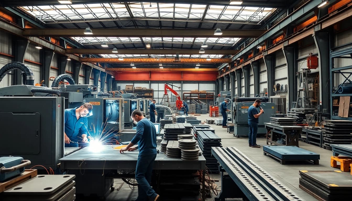 Showcasing custom steel fabrication in an active workshop with precision tools and skilled workers.