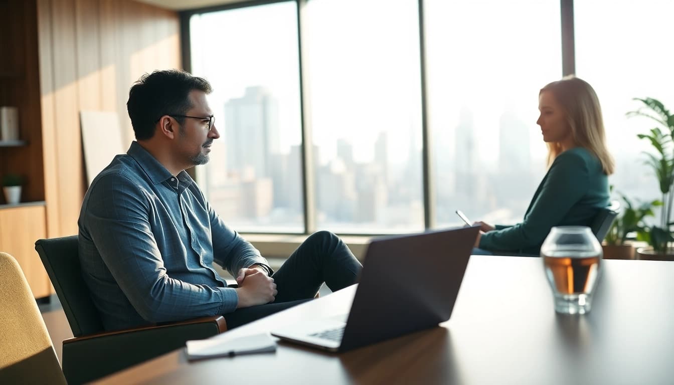 Engaging session with a business coach near me, highlighting a professional workspace.
