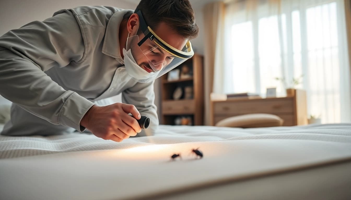 Qualified expert providing bed bug extermination services in an inspected bedroom.