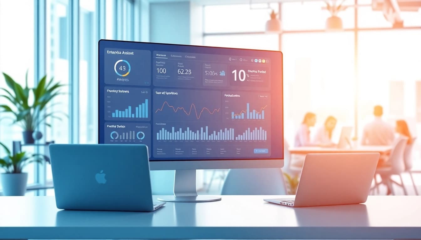 Showcasing the enterprise assistant platform with a sleek digital dashboard in a modern workspace.