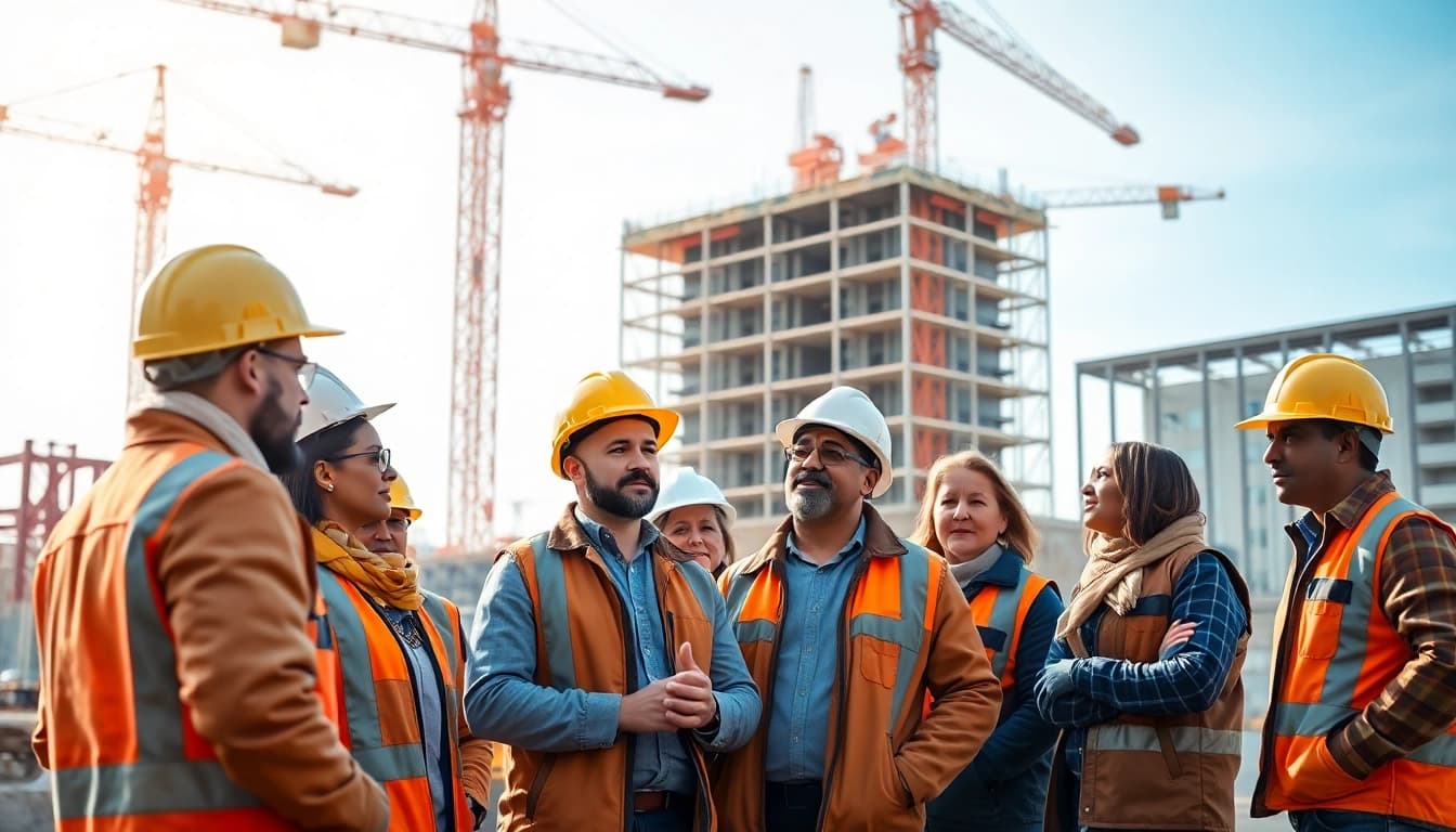 Engaging construction advocacy dialogue among diverse professionals at a bustling construction site.