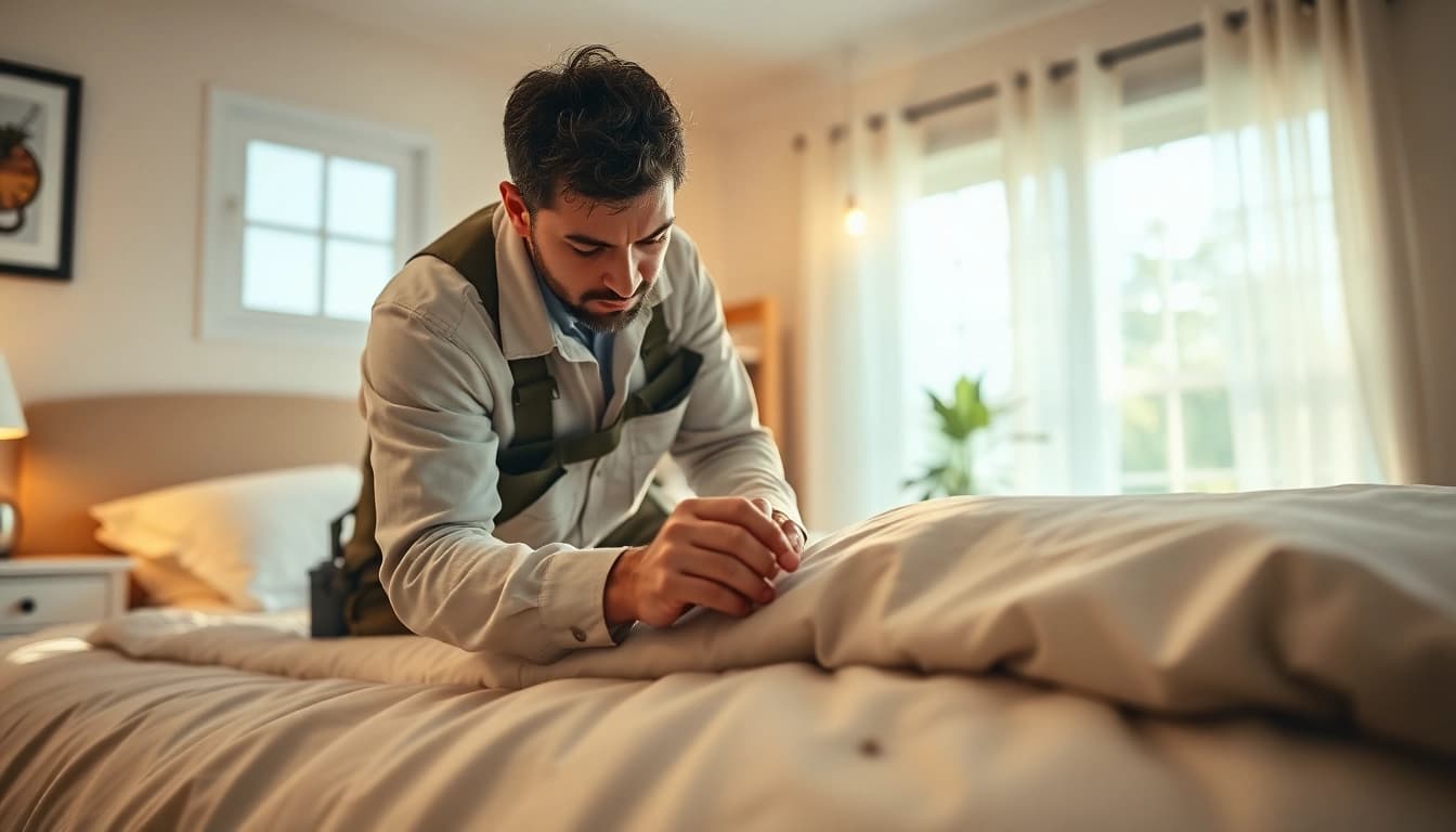 Inspecting for bed bug extermination services in a cozy bedroom setting.