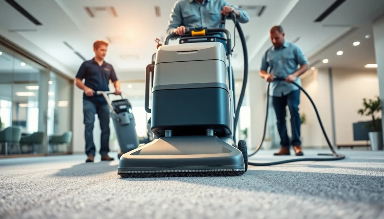 Efficient commercial carpet cleaners revitalizing office carpets with advanced cleaning machinery.