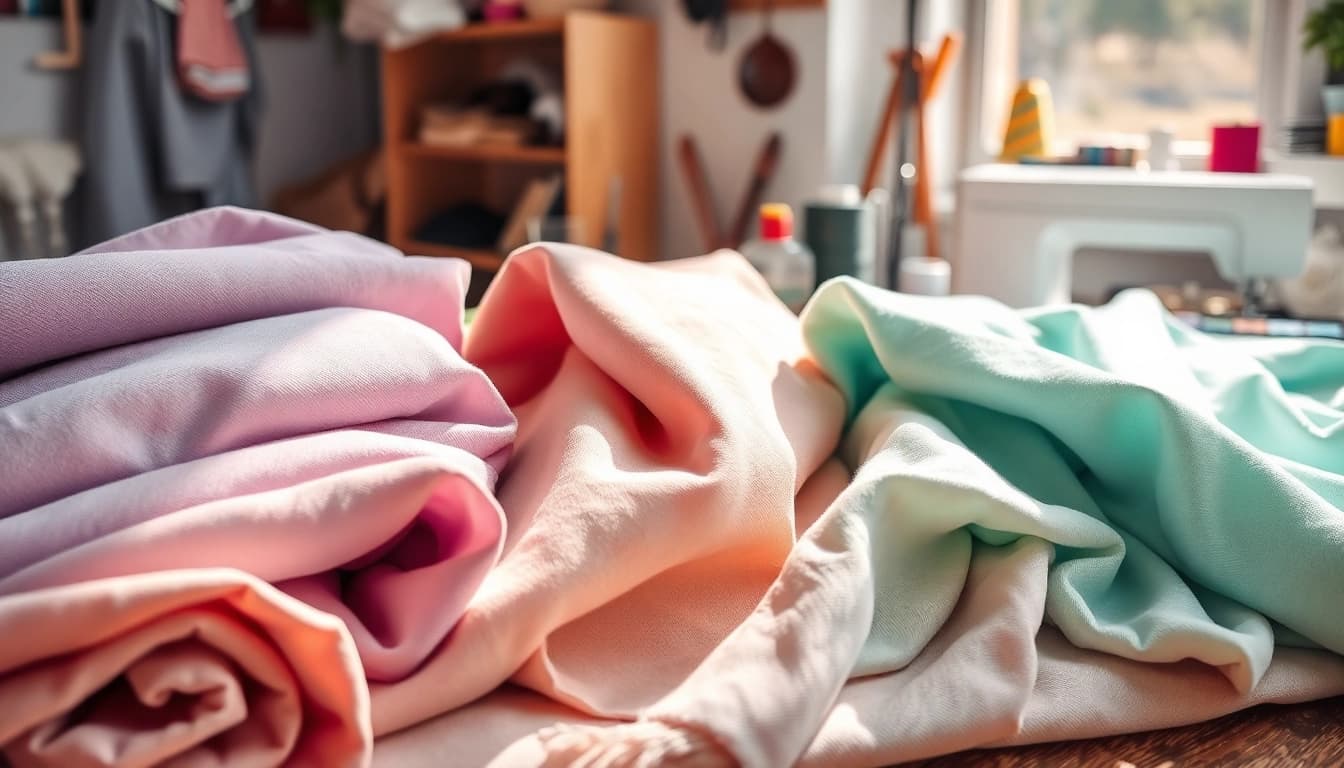 Zachte stof voor kleding in een professionele studioomgeving met kleurrijke stoffen.