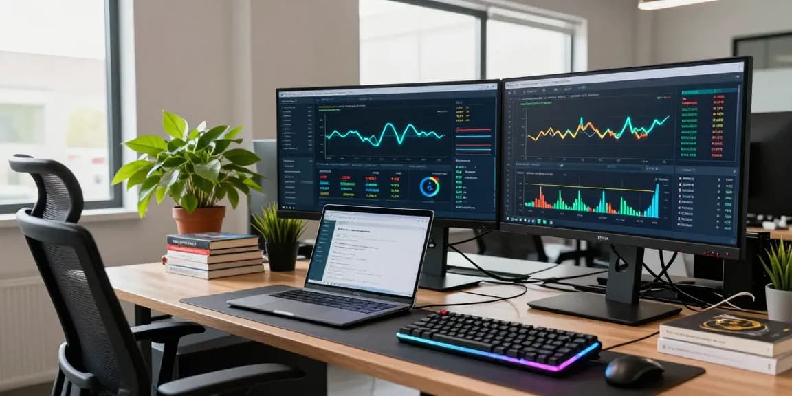Regulated crypto mining platform setup with software analytics and security protocols in a professional workspace.