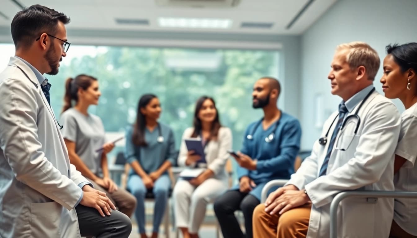 Engaged health professionals collaborating with patients in a warm clinic environment.