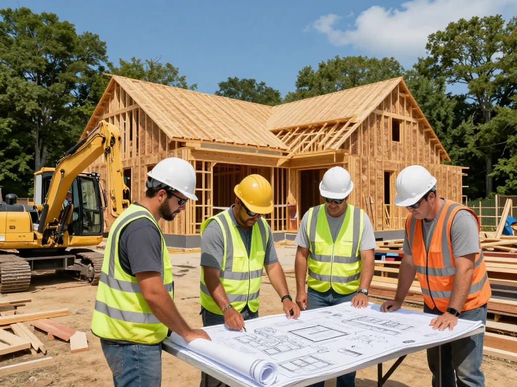 Patco construction team working diligently on a new home project in Southern Maine, showcasing craftsmanship and collaboration.