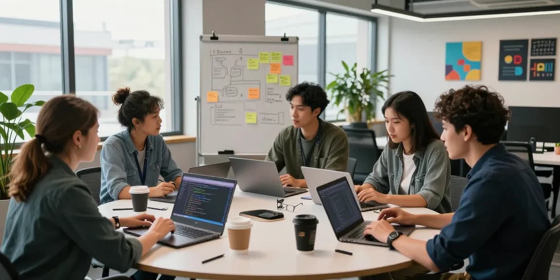 Developers collaborating on software solutions with crushon tools in a modern workspace.