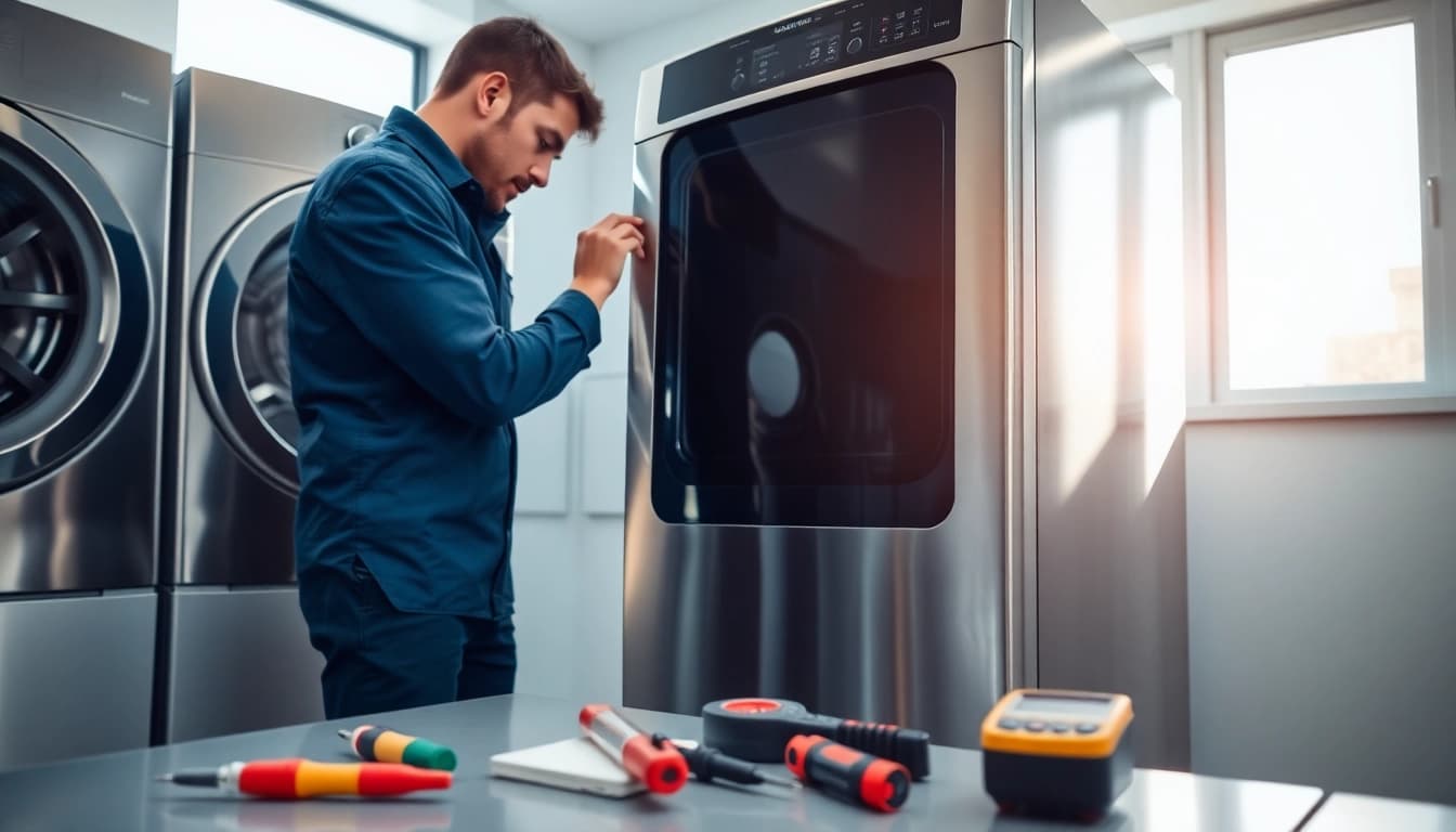 Technician performing gas dryer repair with tools in a modern laundry room setting.