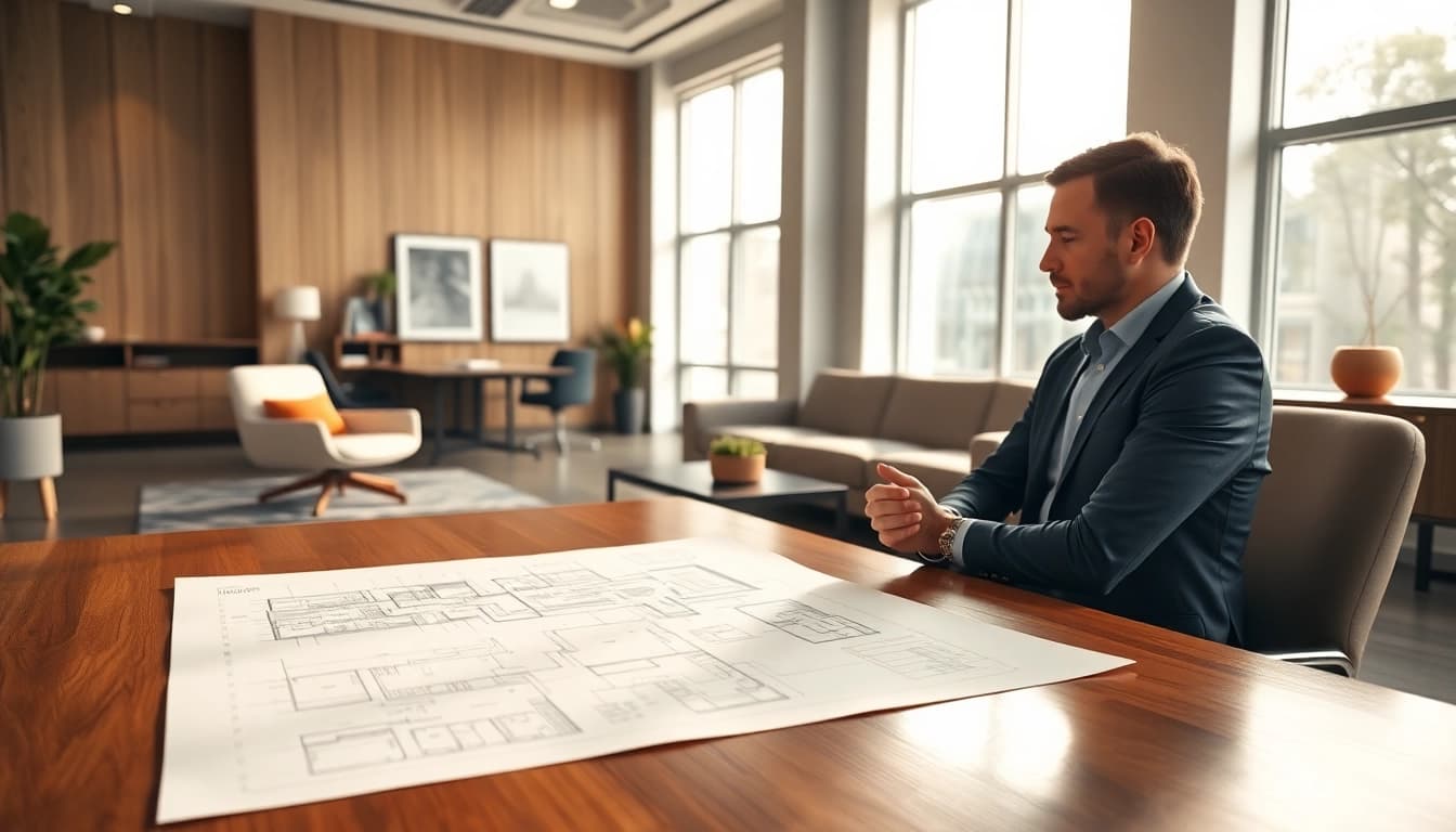 Interior architect creating a modern office design with sleek furnishings and natural light.