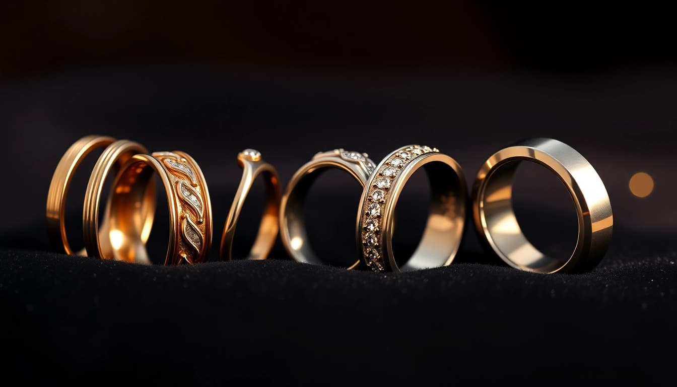 Showcase of exquisite mens wedding rings with varied designs and finishes on a velvet backdrop.