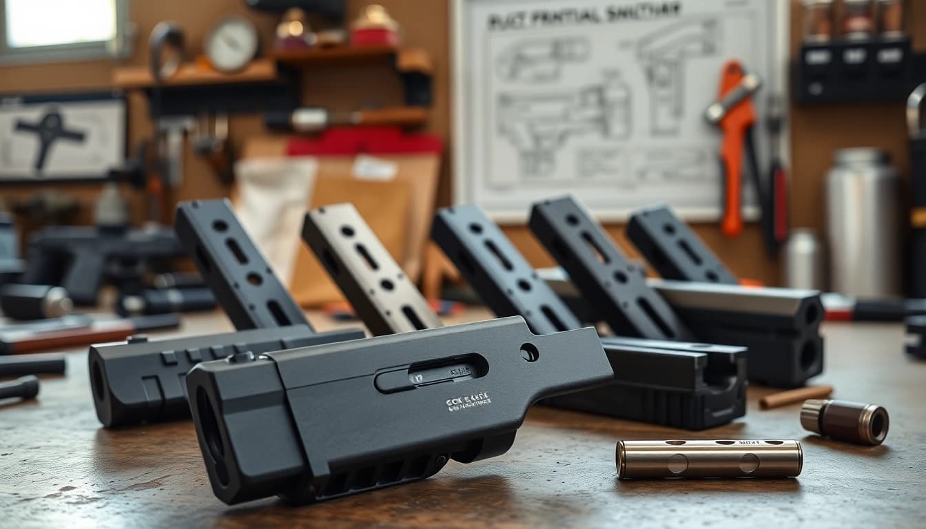 Explore Glock slides showcasing intricate designs and quality craftsmanship in this detailed display.