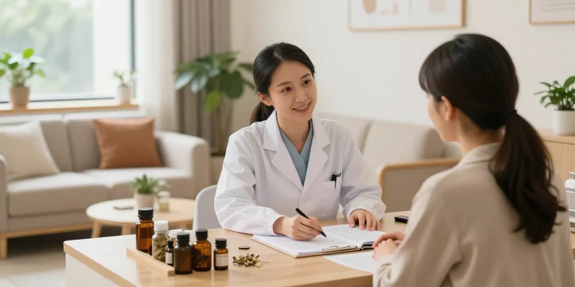 Consultation at 영통한의원 with a healthcare professional in a welcoming clinic environment.