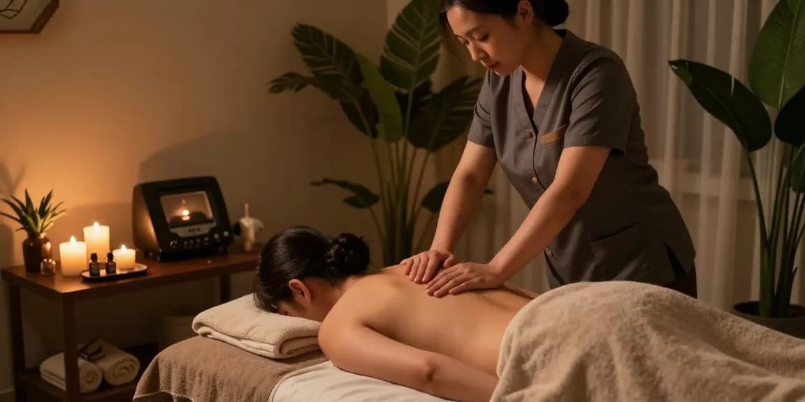 Skilled therapist performing 스웨디시 massage in a serene spa setting with candles and plants.