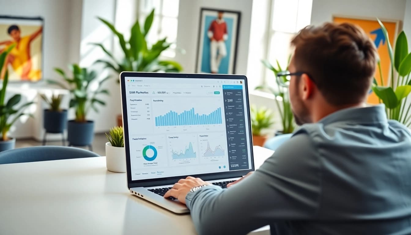 Reviewing smm reseller panel metrics on a laptop in a bright office workspace