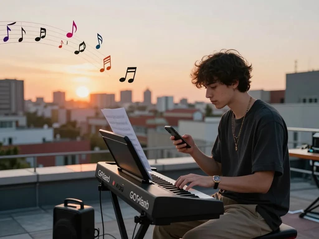 Musician passionately playing the go 88 piano on a rooftop with vibrant sunset, capturing the essence of urban creativity.