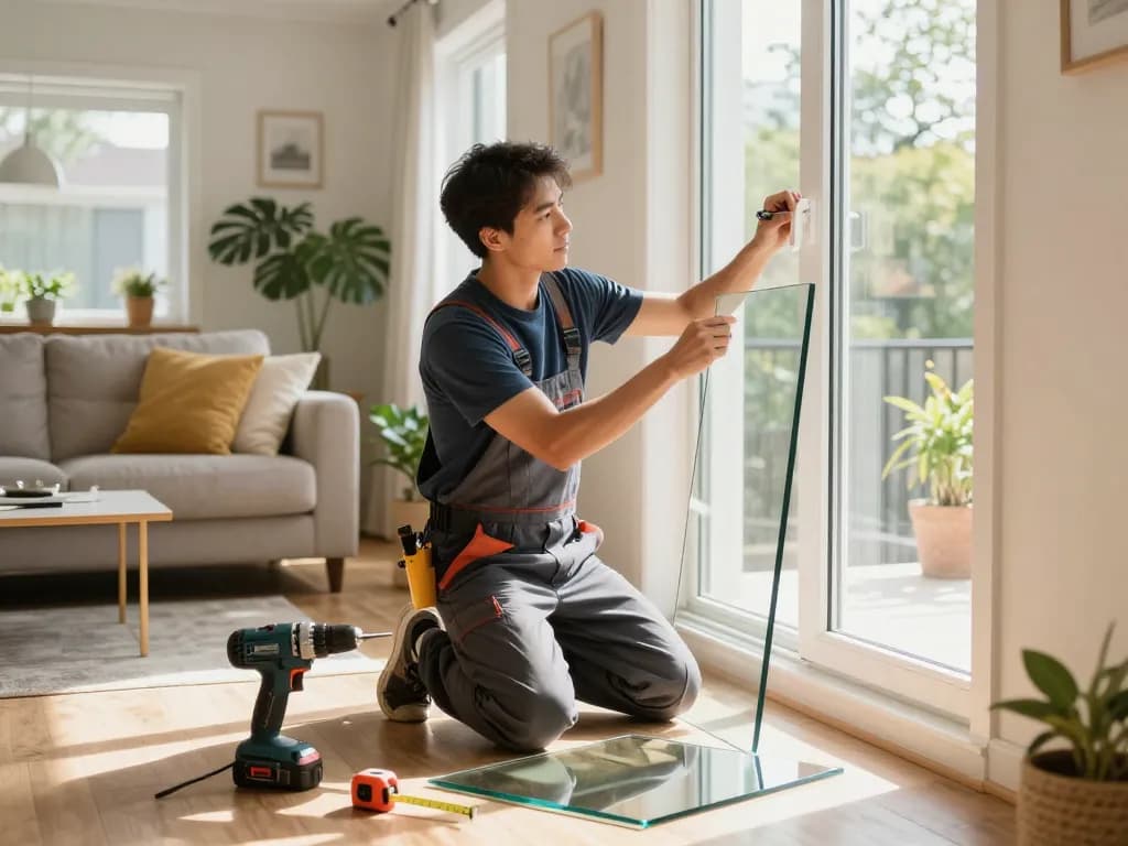 Screen and window replacement technician working in a sunlit living room during home improvement.