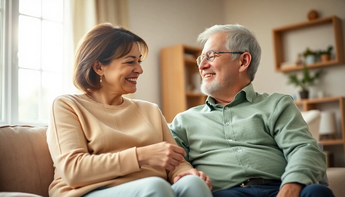 Engaging moment in home care for seniors between caregiver and elderly man in cozy setting.