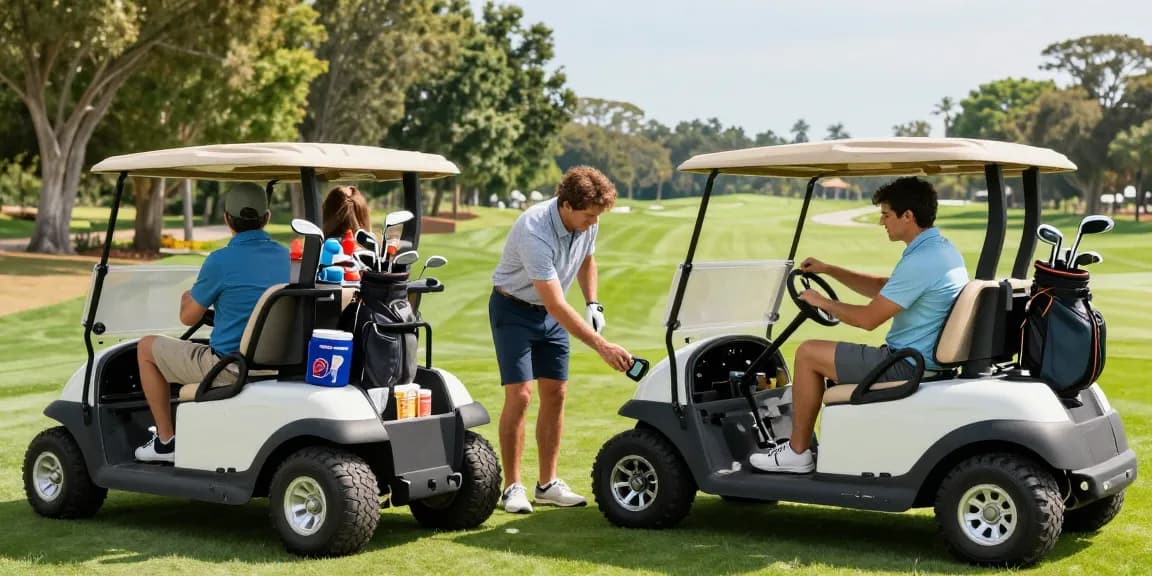 Golf cart tires and wheels showcased on stylish golf carts during a sunny day at the course, featuring friends enjoying leisure time.