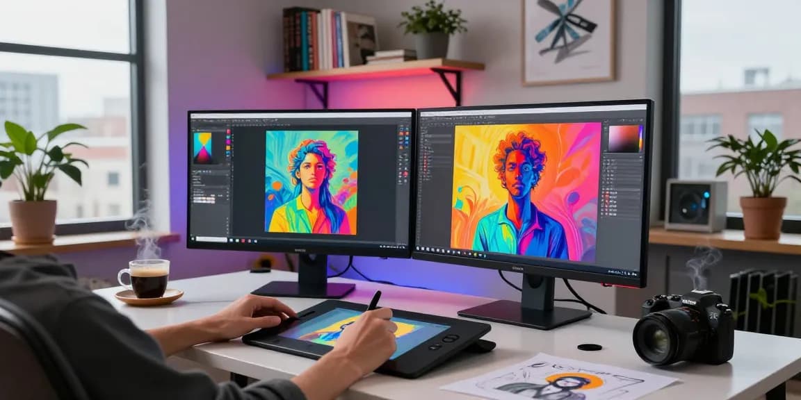 Creative scene featuring NSFW AI artwork being designed in a vibrant home office.
