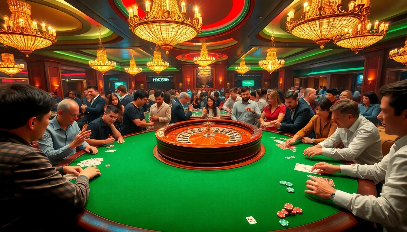 Players enjoying high-stakes roulette at nk88 casino, surrounded by vibrant gaming elements.