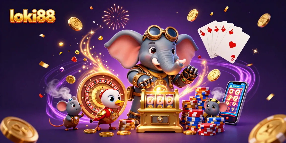 Experience the excitement of loki88 with a steampunk elephant operating a golden slot machine in a vibrant casino scene.