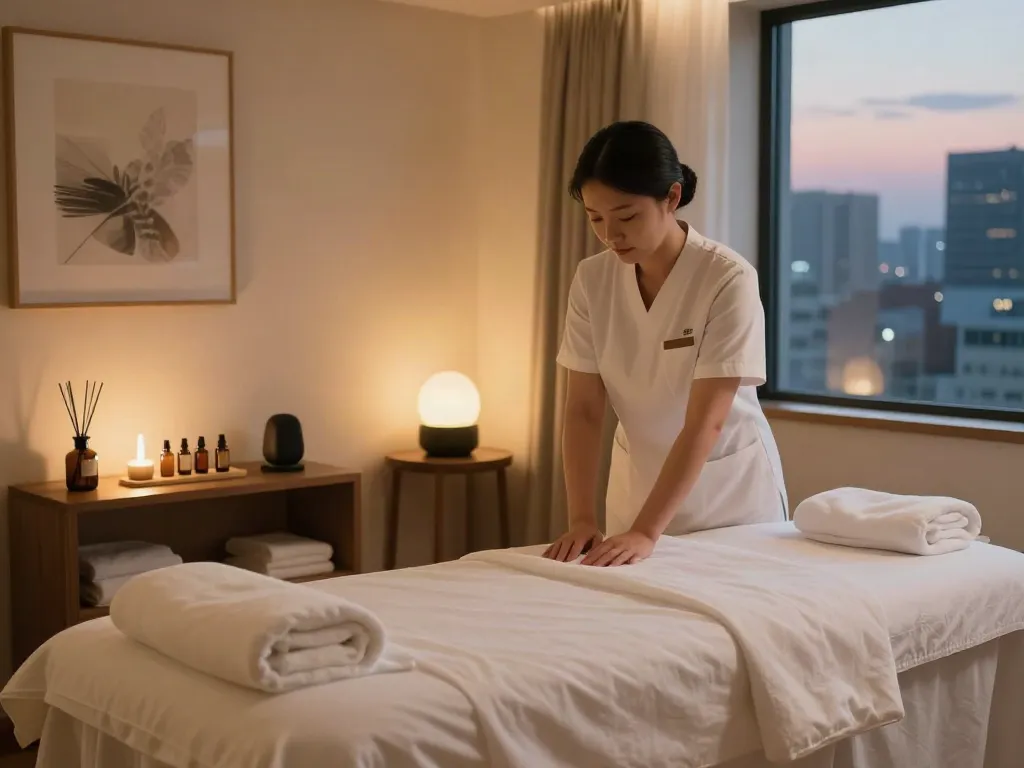 Tranquil massage therapy room showcasing 양재동출장마사지 setup with soothing ambiance and professional care.