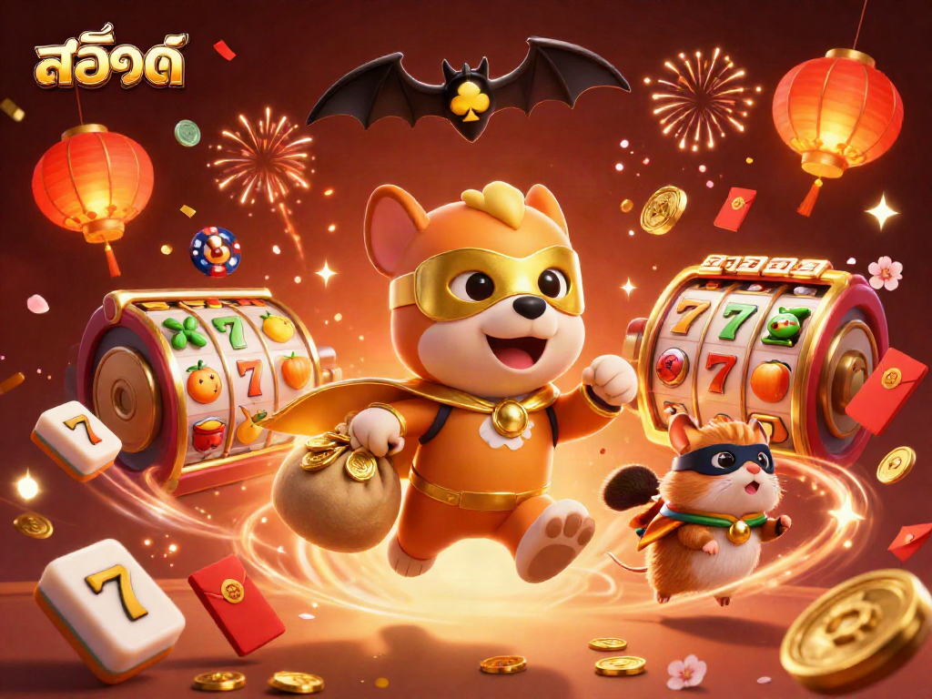 Engaging scene of slots featuring สล็อต with a superhero dog, coins, and festive elements