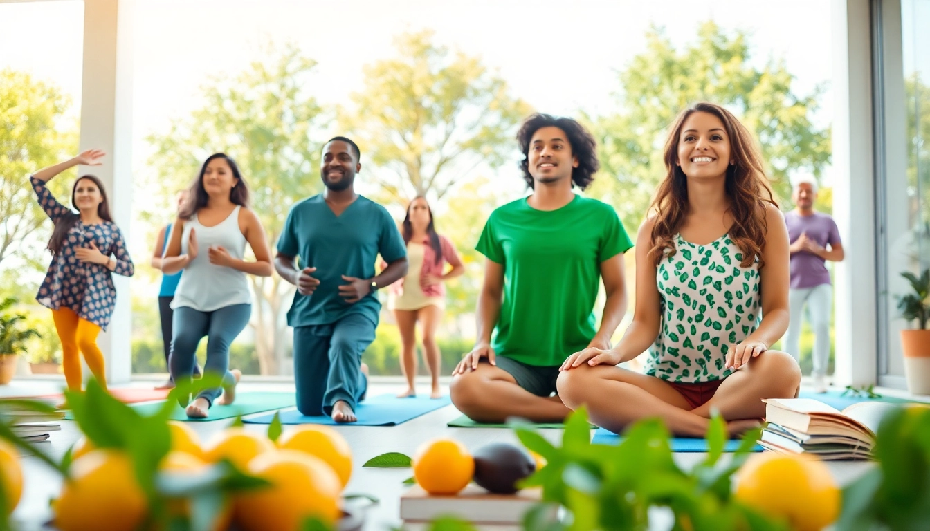 People promoting health in a vibrant outdoor wellness setting with diverse activities.