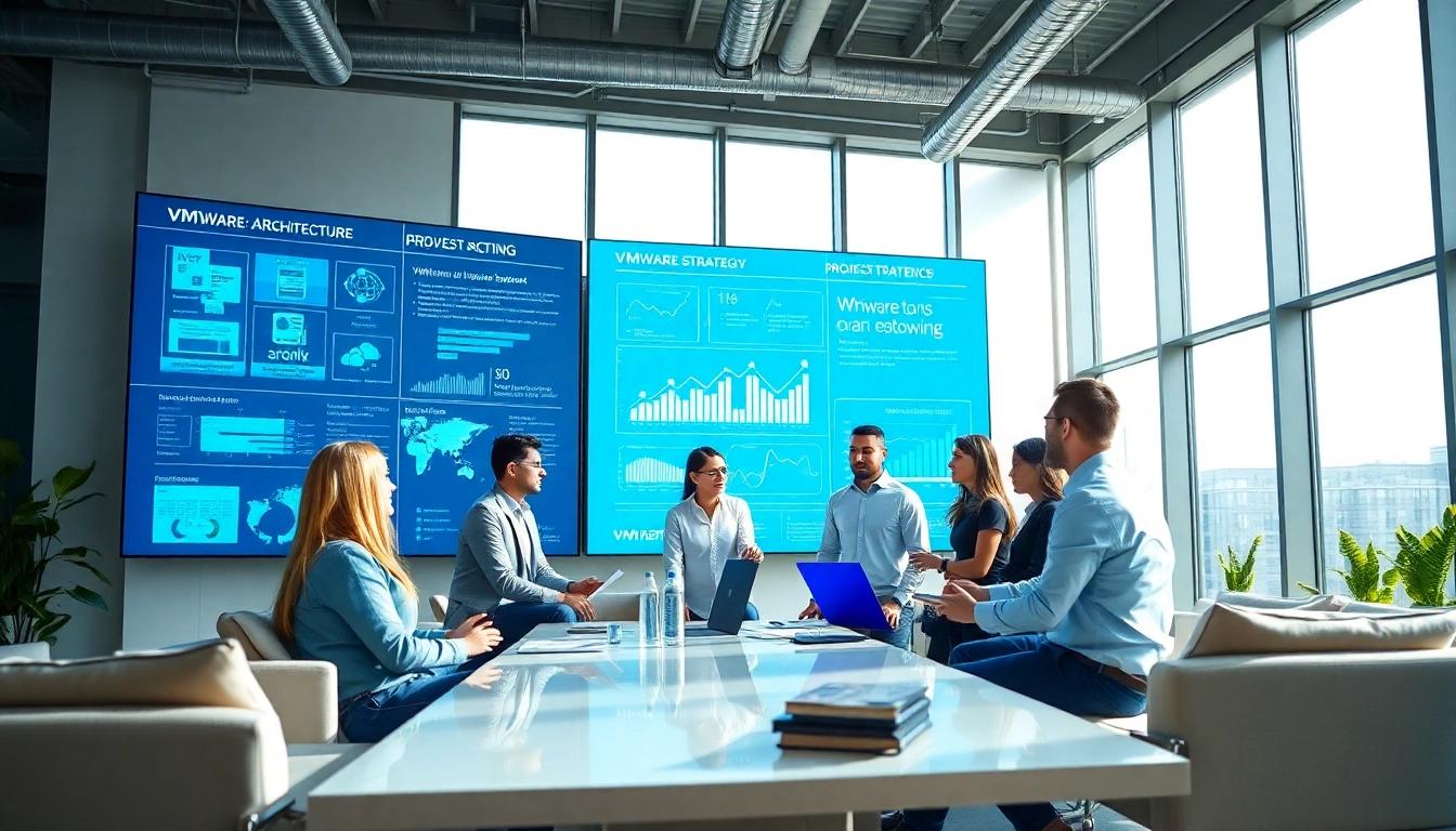Engaged VMware Consulting experts collaborating on technology solutions in a dynamic office setting.