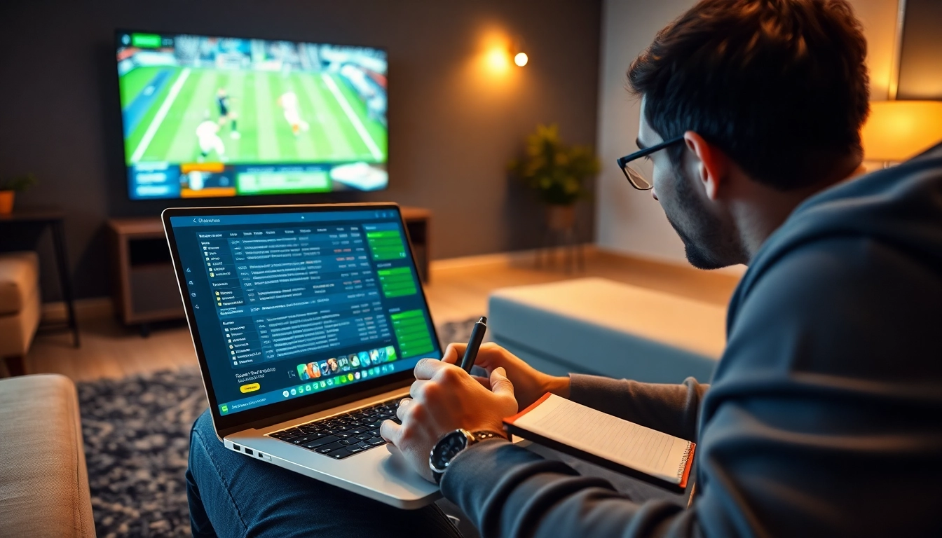 Analyzing sports betting sites South Carolina in a lively home setting with a laptop and TV.
