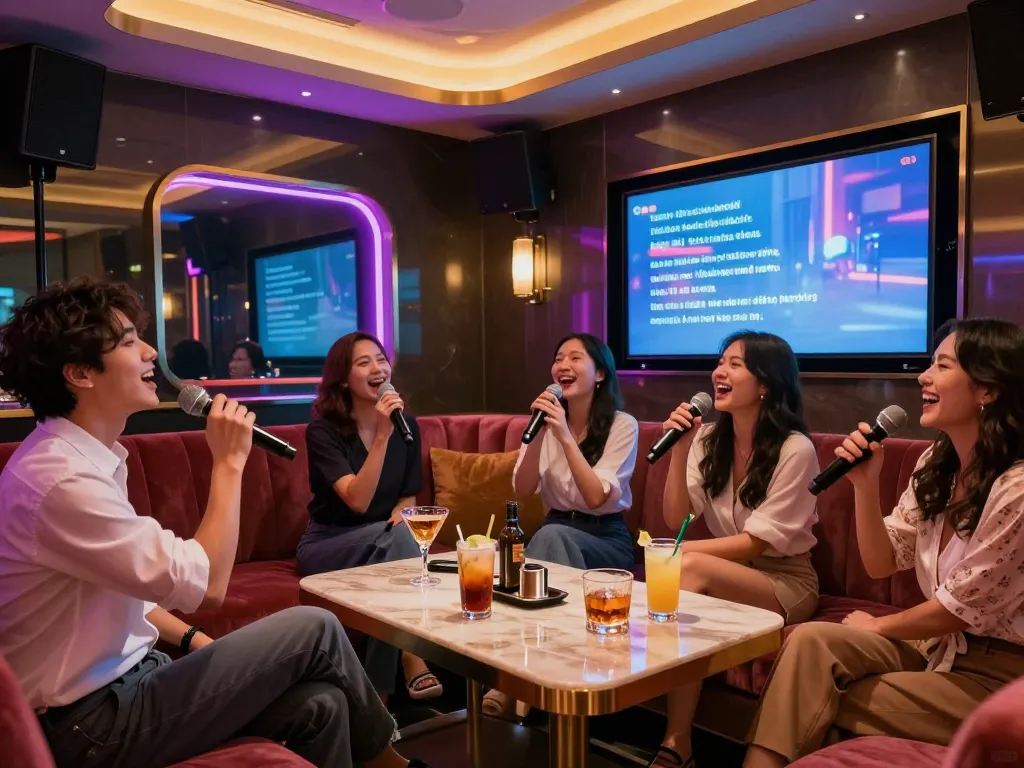 Exciting group singing at a luxurious karaoke bar captured at www.gangnamtune.com, showcasing vibrant nightlife.