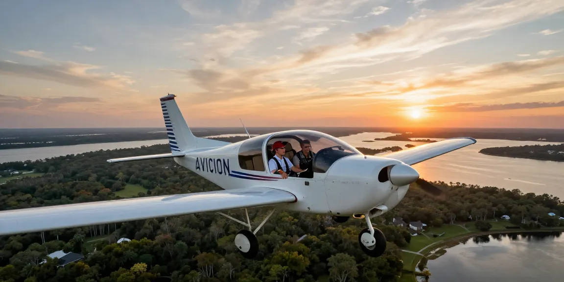 Student pilot enjoying a discovery flight at Savannah Aviation, exploring private pilot license near me opportunities in scenic landscapes.