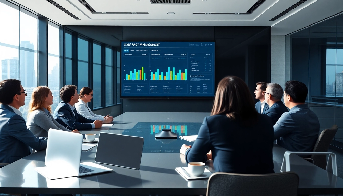 Enhance Contract Management efficiency with a professional business meeting showcasing digital tools.