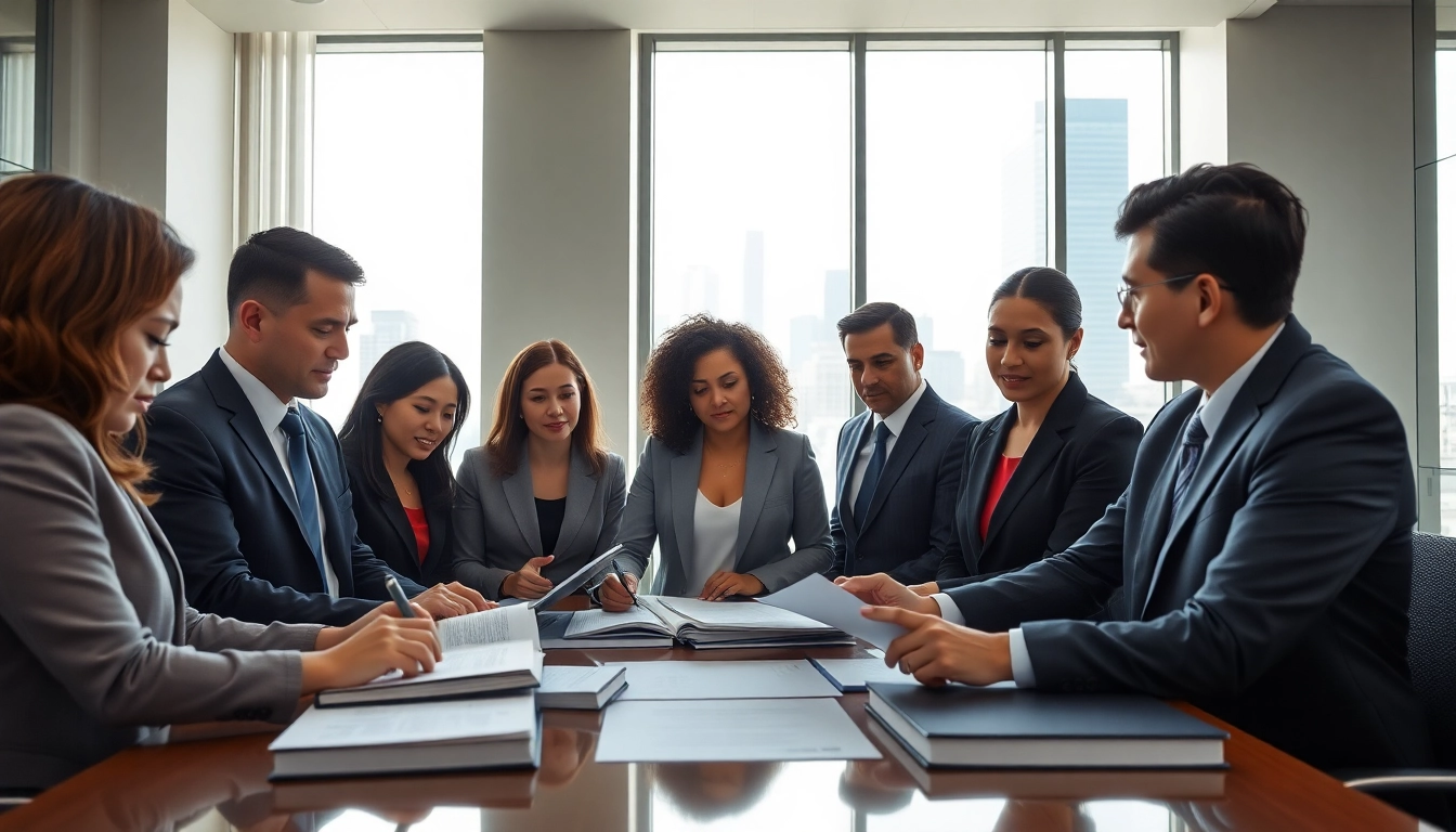 Lawyers in an environmental law firm discussing important legal documents in a bright office.