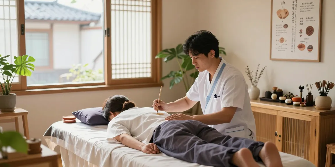 Consultation scene at 수원한의원 showcasing traditional Korean medicine techniques in a calming clinic environment.