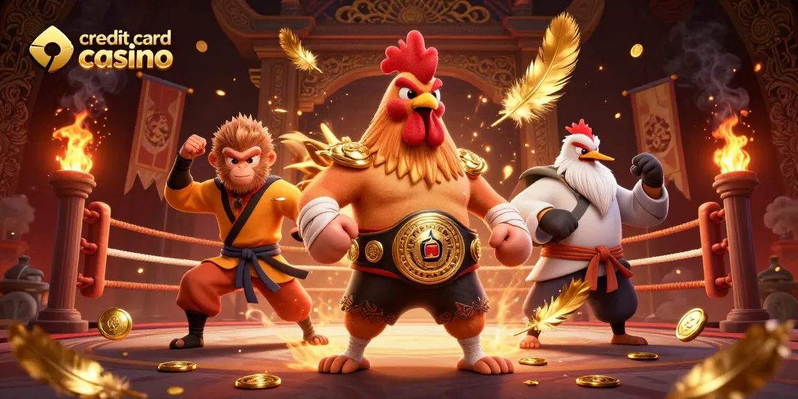 Watch fierce competition in a credit card casino set, showcasing a rooster, monkey, and crane.