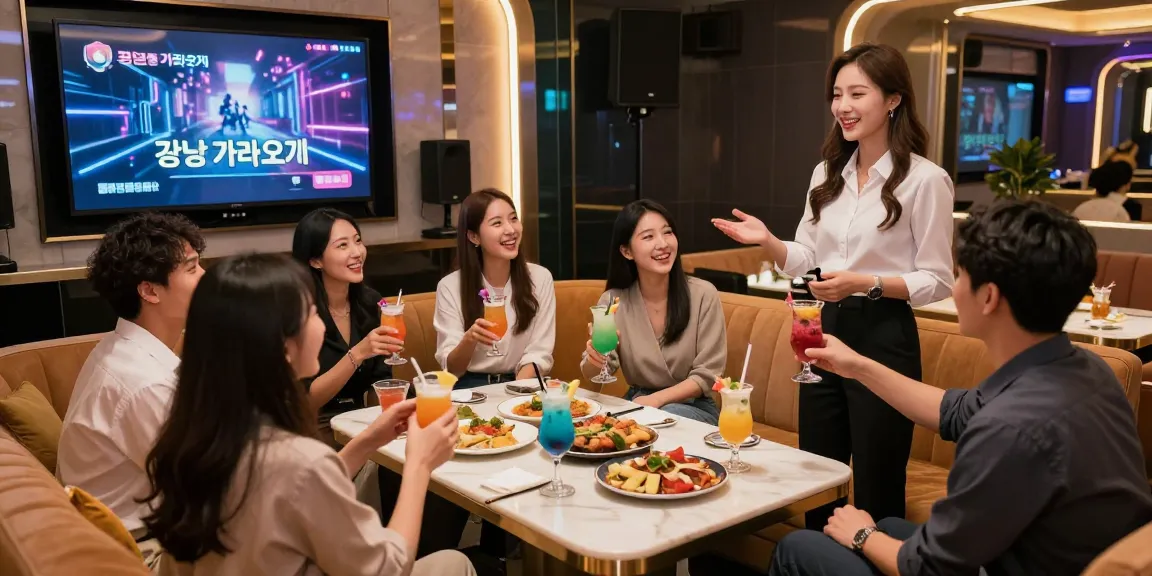 Enjoying a night at 강남 가라오케 with friends in a stylish karaoke room