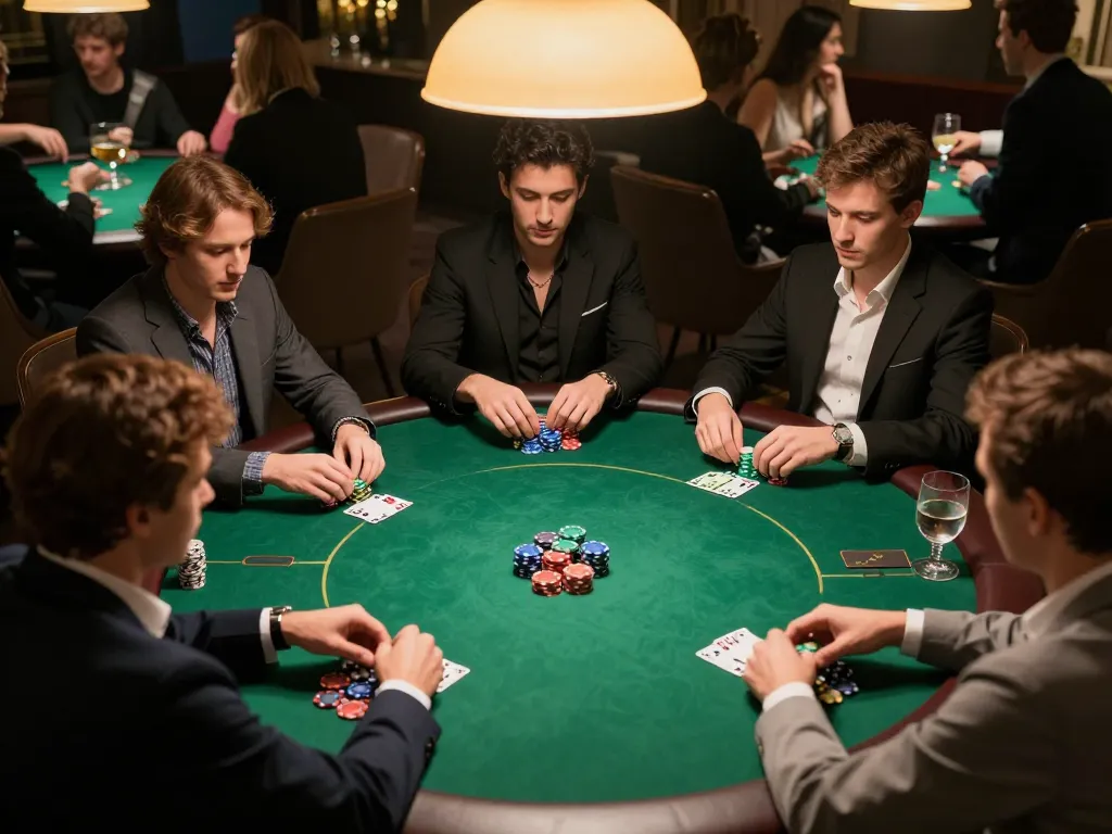 Engaged players strategizing at NK88E poker game table with warm lighting and social atmosphere.
