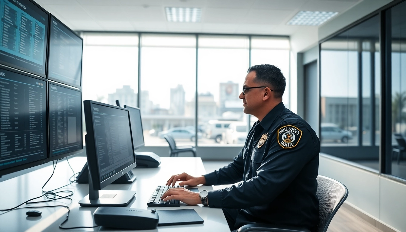 Conducting an Orange County Inmate search with a law enforcement officer in a modern setting.