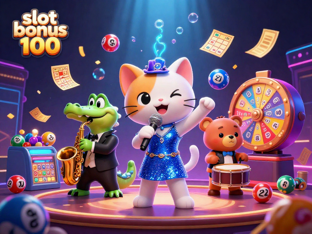 Experience the excitement of slot bonus 100 with energetic 3D characters in a lively casino scene.