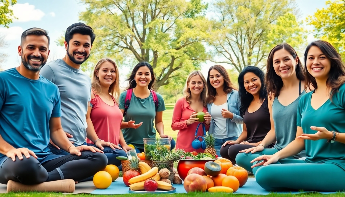 Promote health through diverse activities like exercise and healthy cooking in a vibrant outdoor scene.