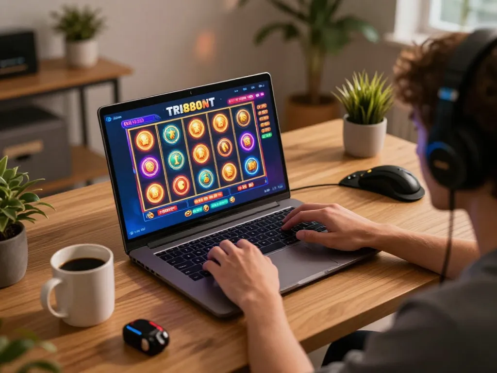 Players enjoying slot888 gaming experience on a laptop within a cozy home environment.