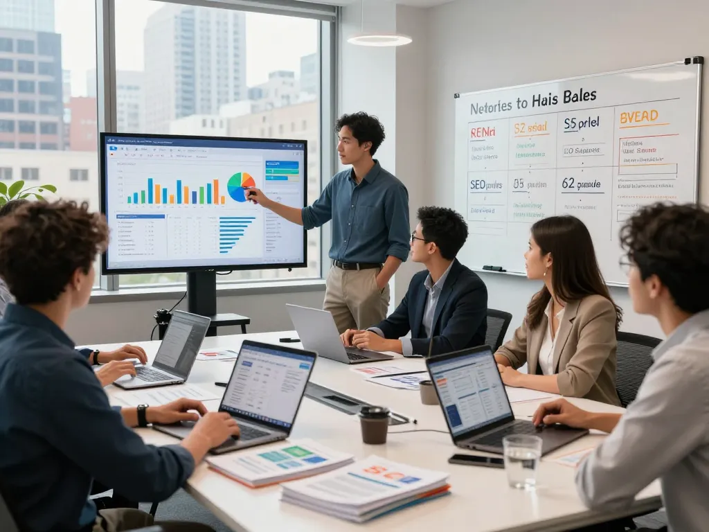 New York SEO Services team analyzing performance metrics in a modern workspace