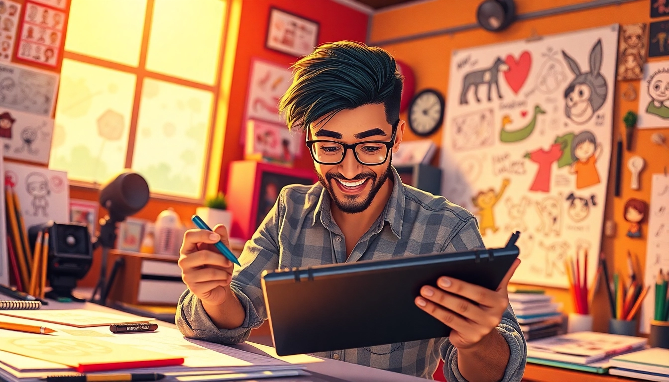 2D Animation artist passionately creating vibrant animations in a colorful studio.