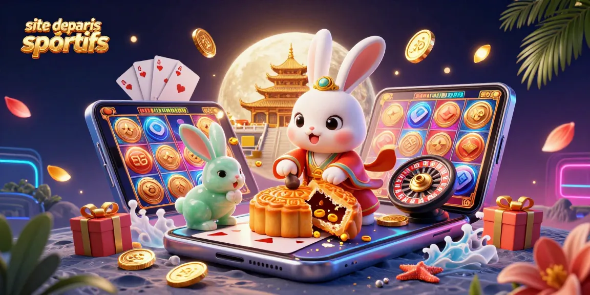 Placer des paris sur un site de paris sportifs avec une illustration dynamique d'un lapin de lune et des éléments de casino.