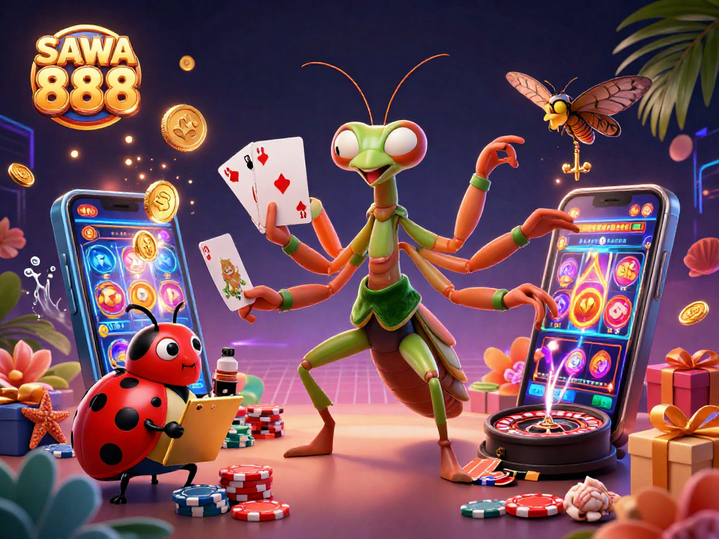 Engage with SAWA 888's vibrant casino atmosphere, featuring dynamic characters and exciting game elements.